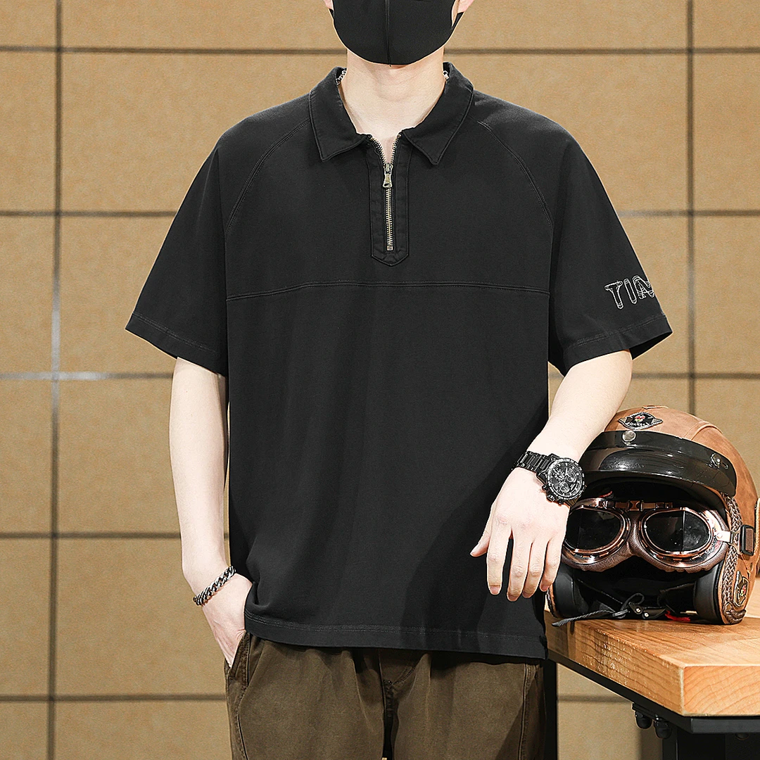 美式复古水洗男士短袖Polo衫2025夏季新款潮牌拼接半拉链翻领上衣