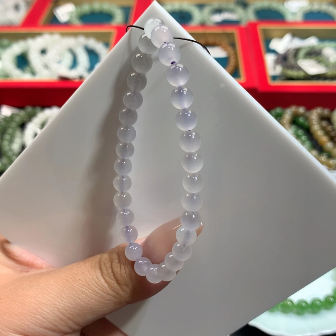 和田玉手串未镶嵌高冰闪猫烟紫