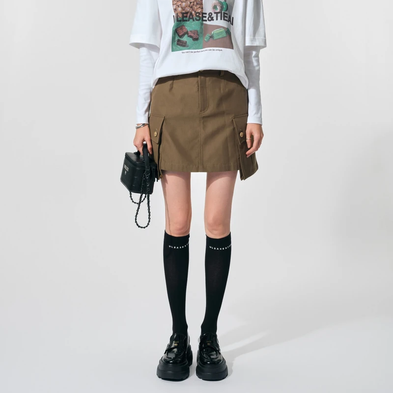U/TI黑色高腰棉感工风短裙女百搭简约裙裤A字裙