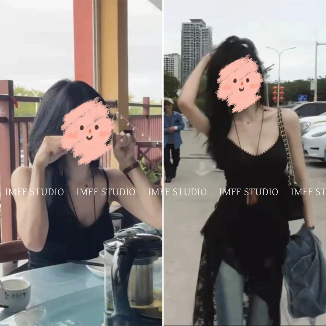 辣妹气质甜辣风荷叶边蕾丝不规则吊带长裙高腰百搭做旧休闲牛仔裤