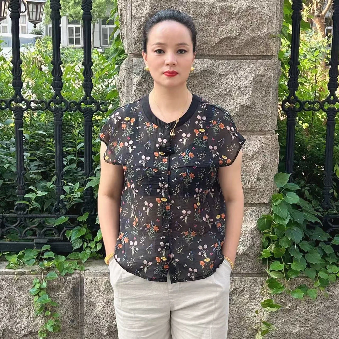 时尚落肩袖花色衬衫高级感遮肚子百搭雪纺上衣