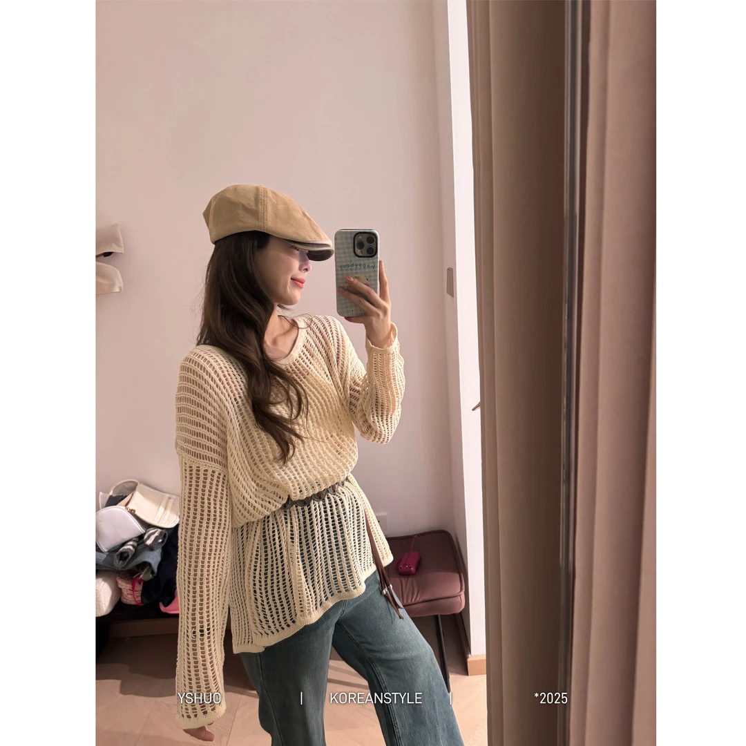 【夏天的风】镂空针织衫夏季色卡慵懒宽松罩衫设计感长袖上衣25080