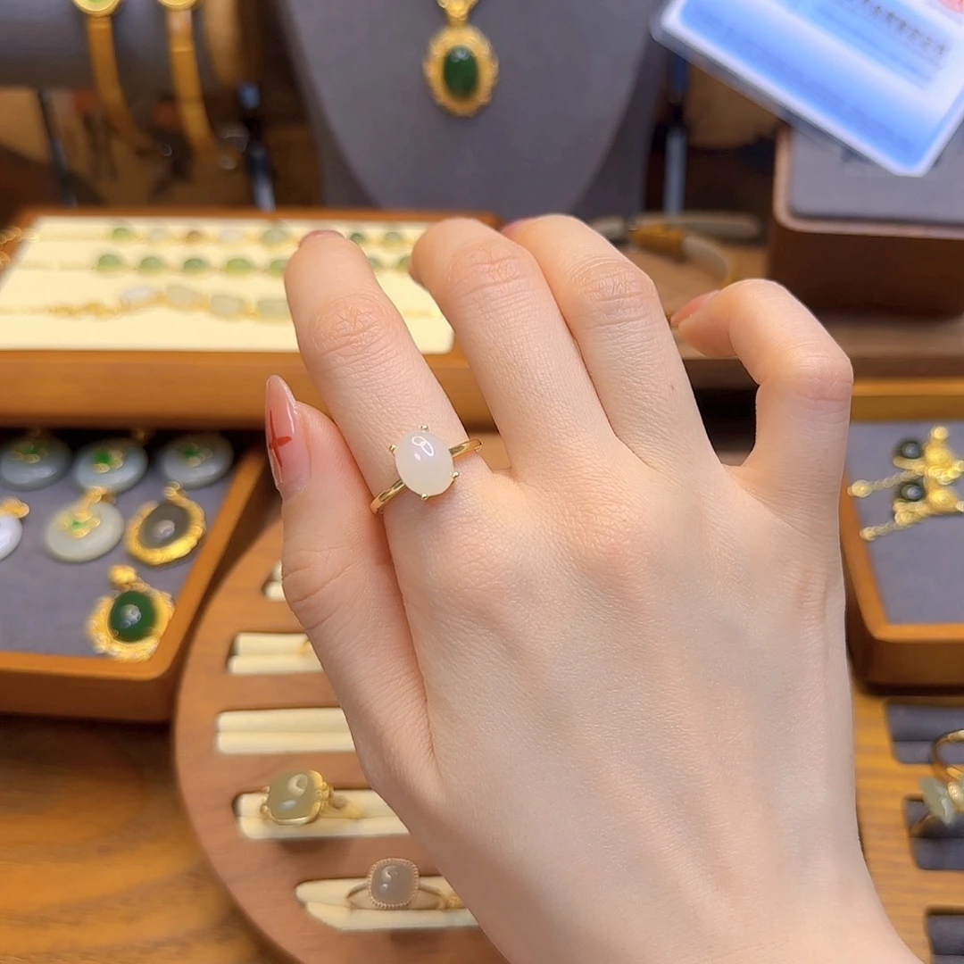 和田玉戒指银S925镀金镶嵌