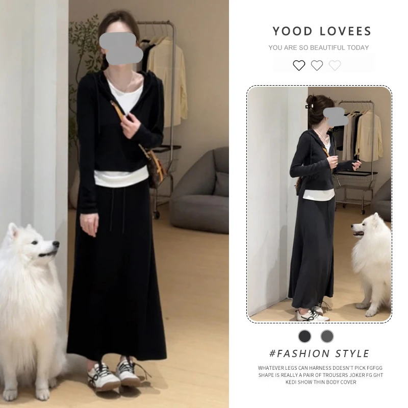 小个子假两件休闲套装女2025年春秋新款拼色连帽上衣半身裙两件套