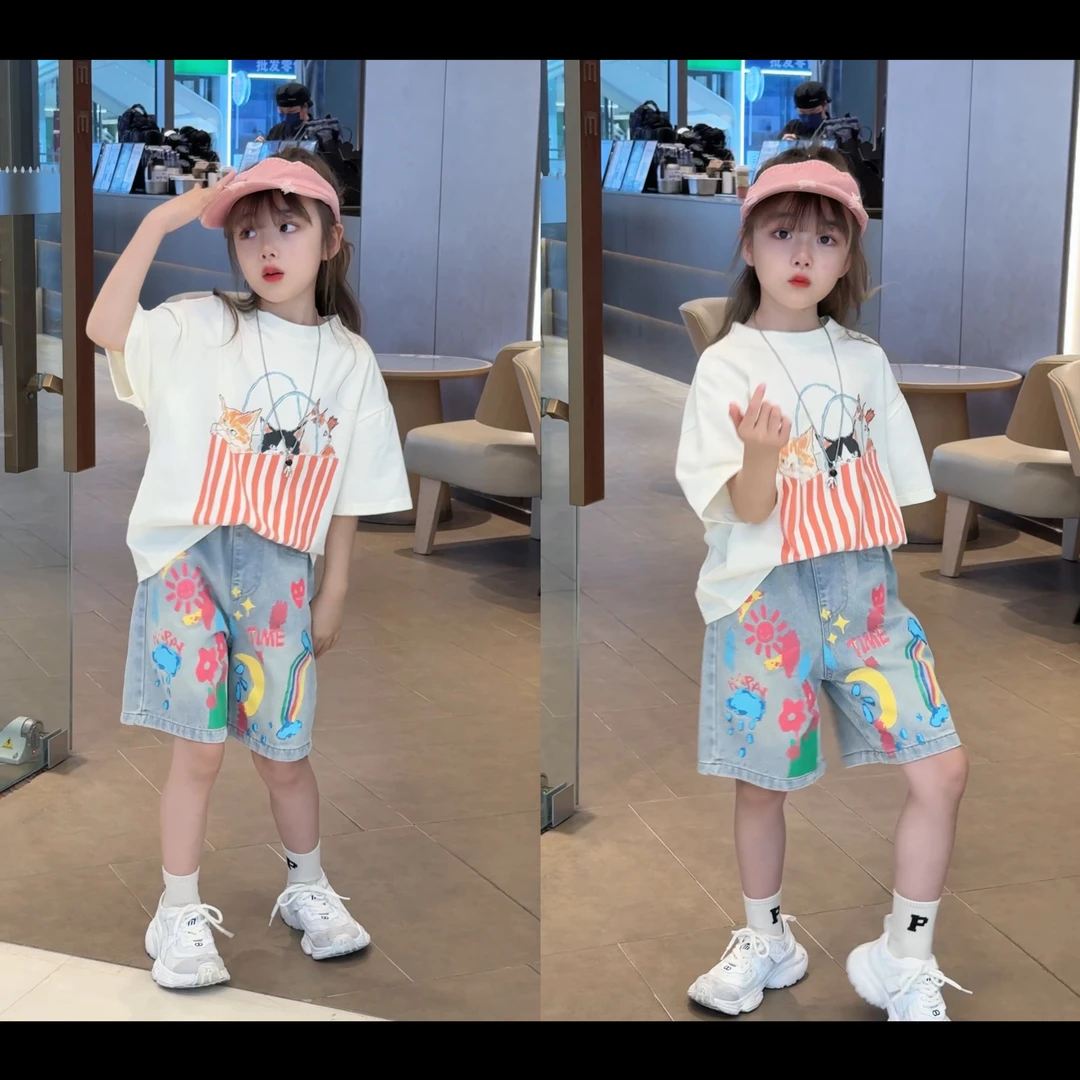 女童夏季韩版潮酷个性涂鸦牛仔中裤中大童卡通时尚百搭短袖T恤潮