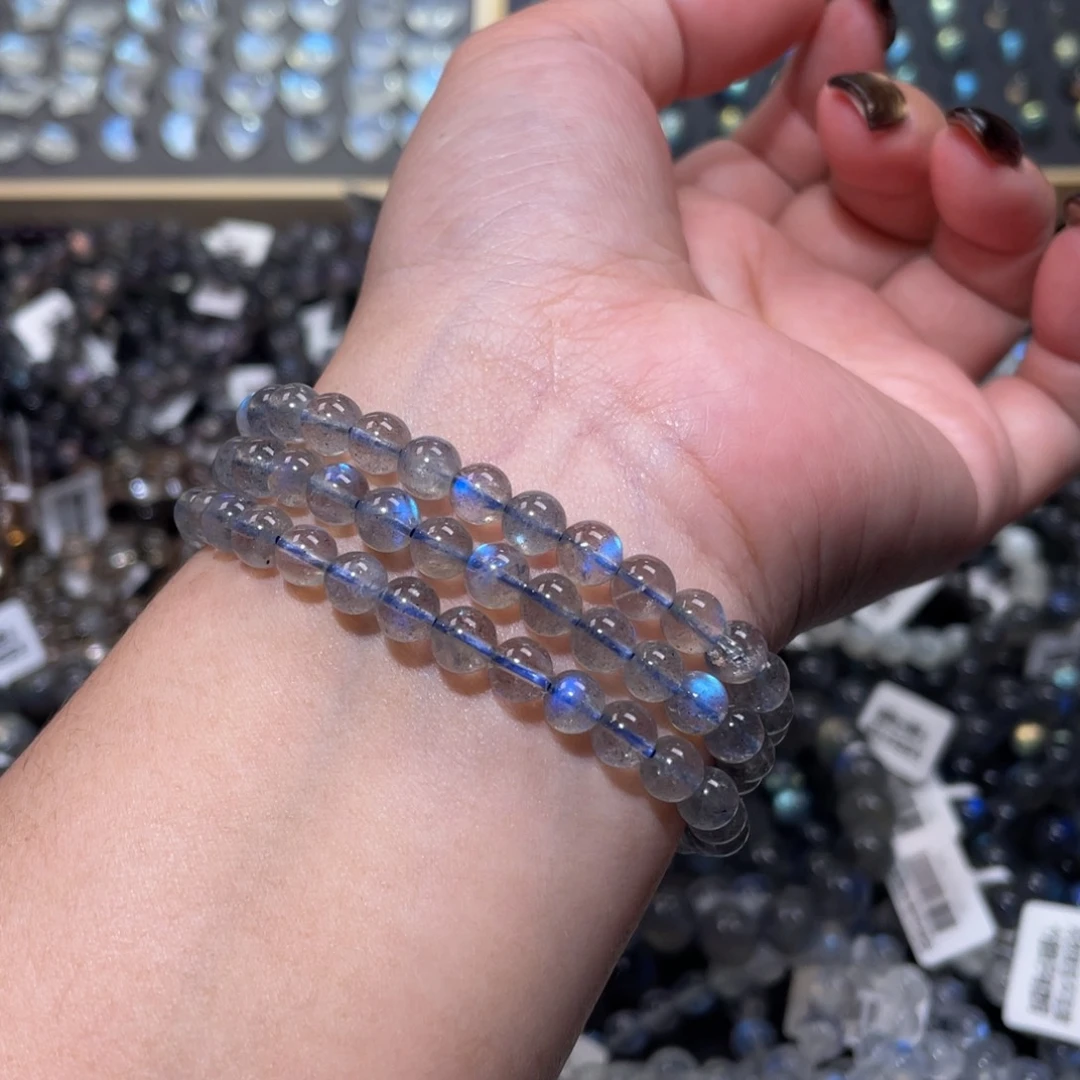拉长石手链未镶嵌纯蓝光灰月光手链多圈6mm捡漏价