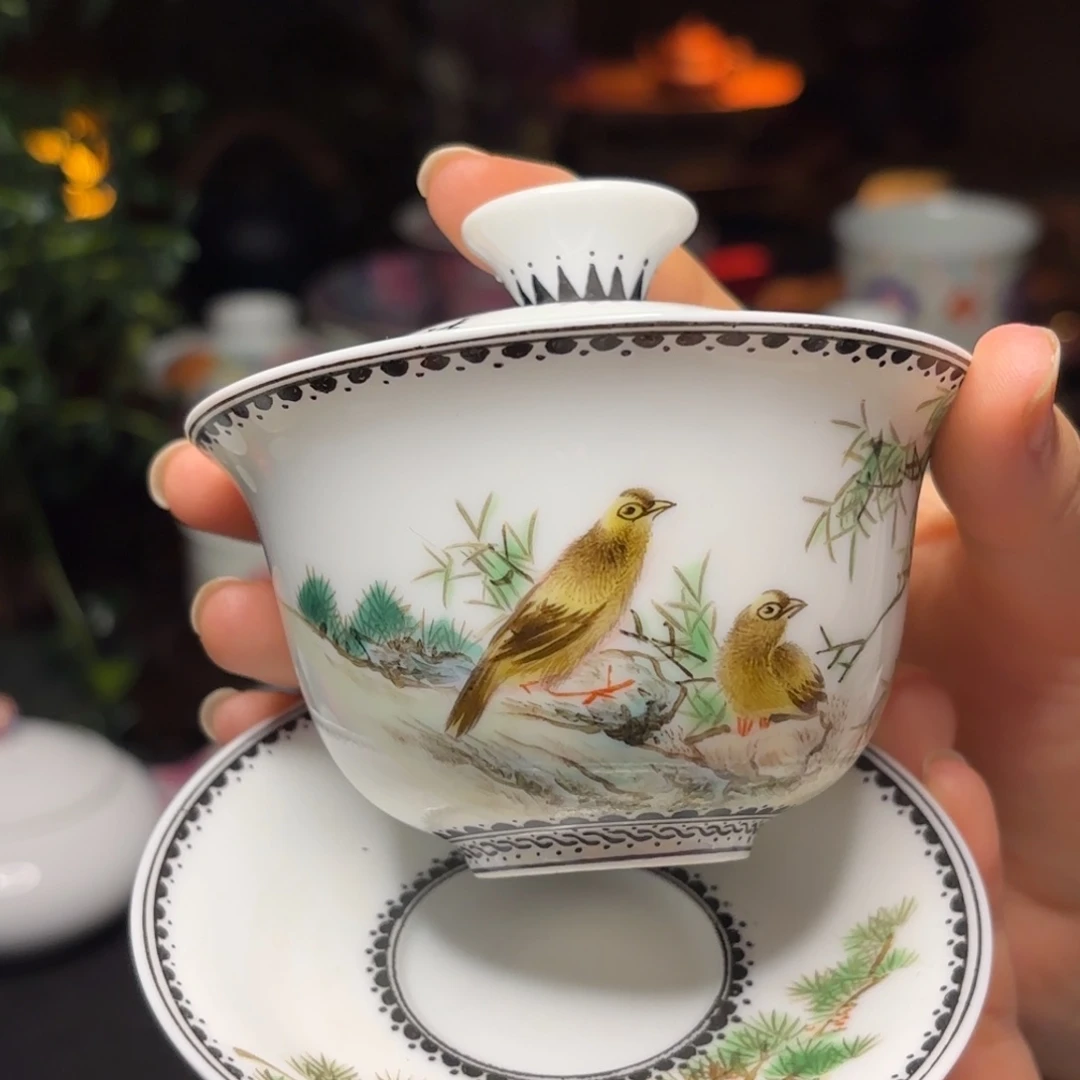 釉上粉彩三才小盖碗