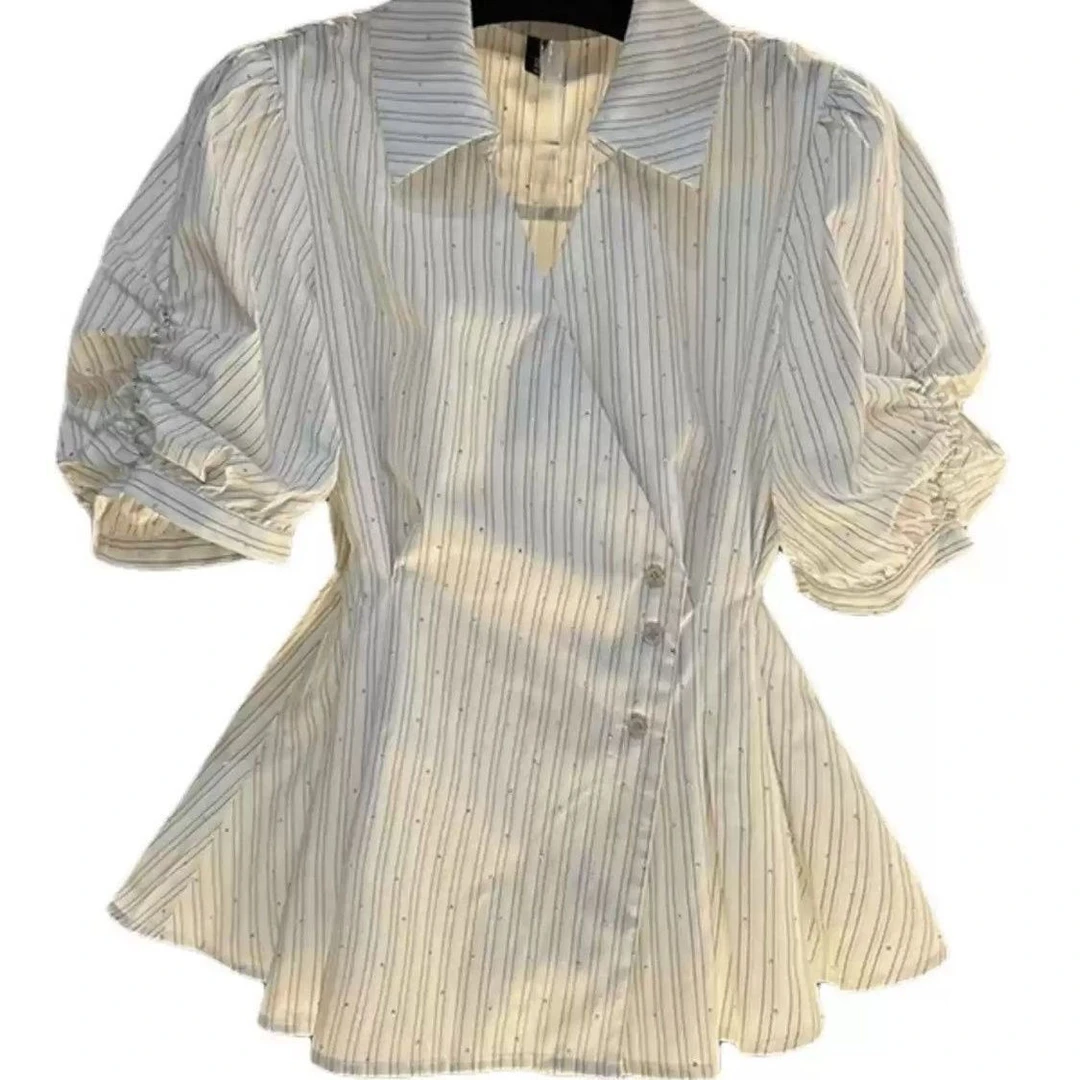 法式Polo领条纹短袖衬衫女夏2025新款高级感收腰显瘦气质裙摆上衣