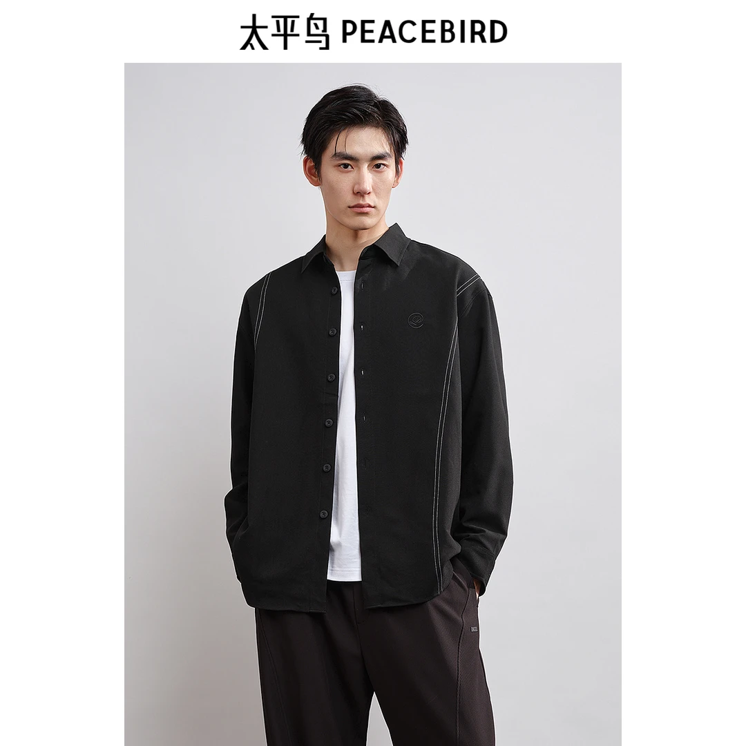 太平鸟男装休闲衬衫春季款明线休闲外穿式宽松衬衣BWCHE3154
