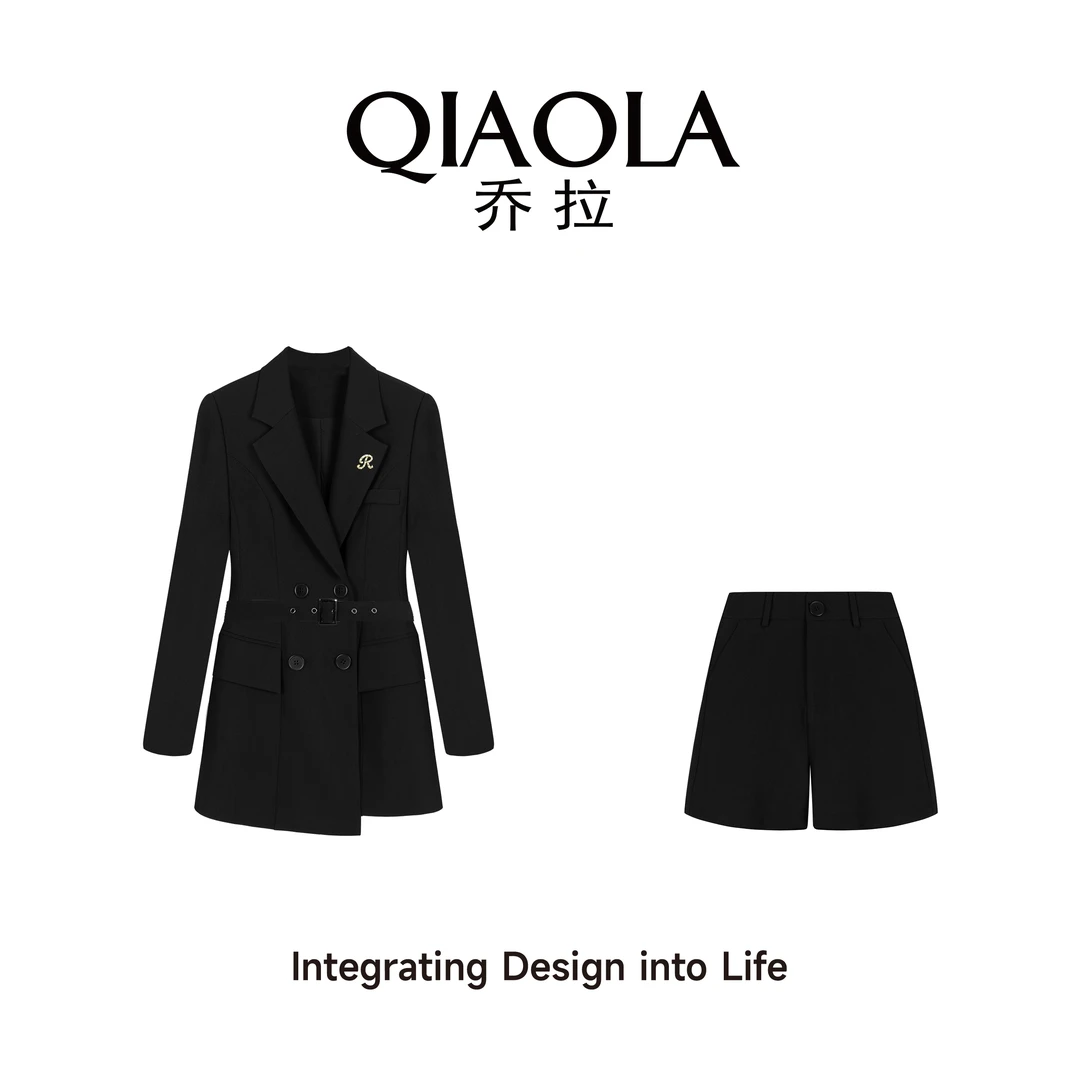 QIAOLA/乔拉【魅影特工】秋季斜纹不规则枪驳领西装短裤套装预售