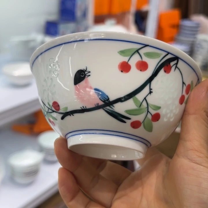 手绘雕刻5寸花鸟小饭碗