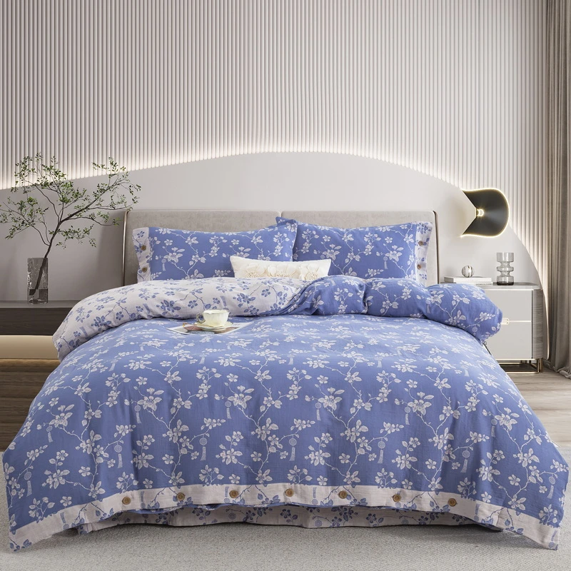 良品绘【春晖-浅兰】全棉双层纱四件套被套清新文艺田园亲肤透气软A