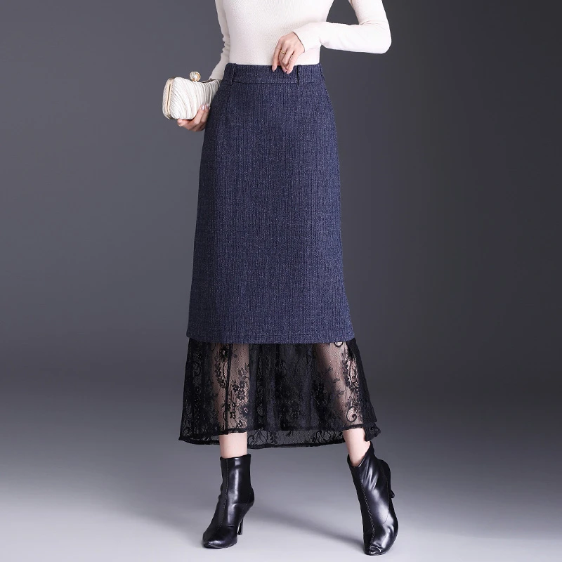 轻奢高贵华丽蕾丝拼接包臀裙2025秋季新款优雅气质开叉毛呢半身裙