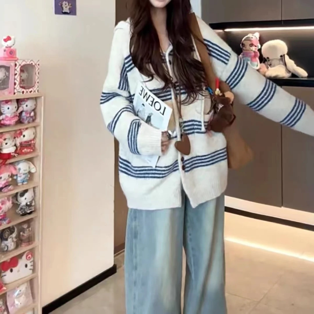 慵懒风条纹连帽毛衣外套女软糯秋冬加厚长袖宽松带帽拼色针织开衫