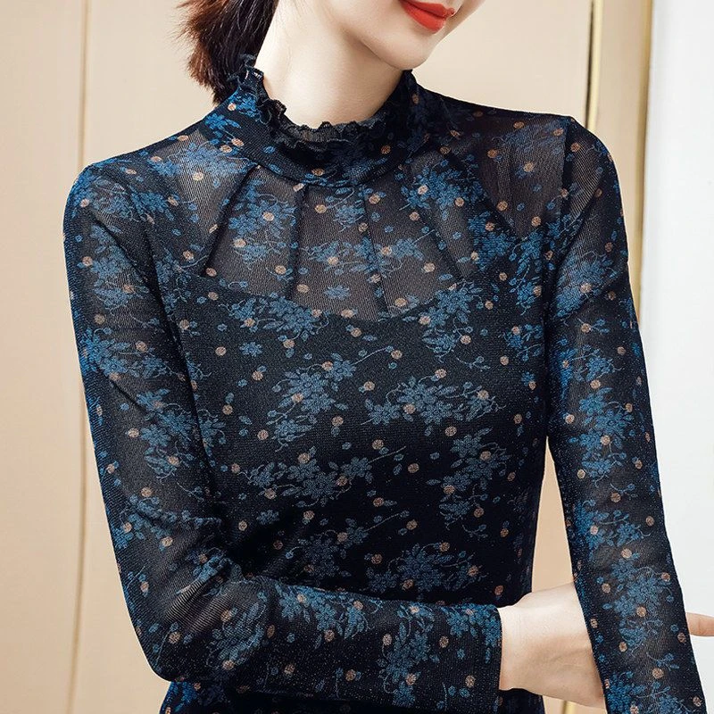 2025秋季新款木耳领长袖网纱打底衫女印花洋气百搭时尚小衫上衣