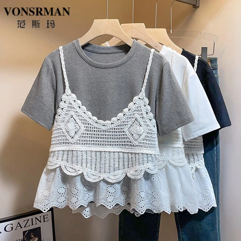 设计感假两件镂空蕾丝吊带短袖t恤女2025夏大码胖mm遮肚显瘦上衣