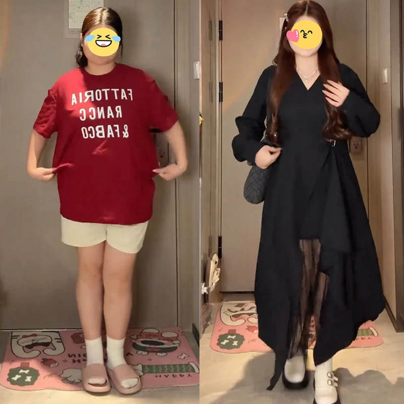 大码赫本风拼色连衣裙女早秋胖mm显瘦蕾丝拼接不规则气质独特裙子