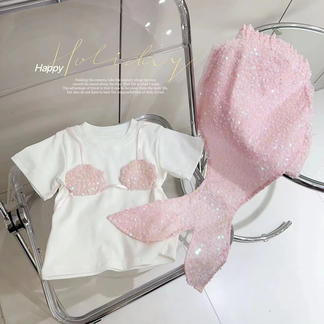 【亮片美人鱼】汤圆家童装2025夏季美人鱼套装（鱼尾可拆卸）YA-1380