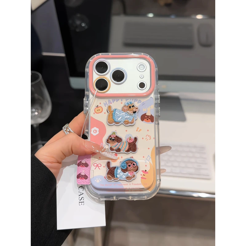 卡通刺绣小狗适用苹果17pro手机壳16pm镜面奶油oppo华为p80小米17