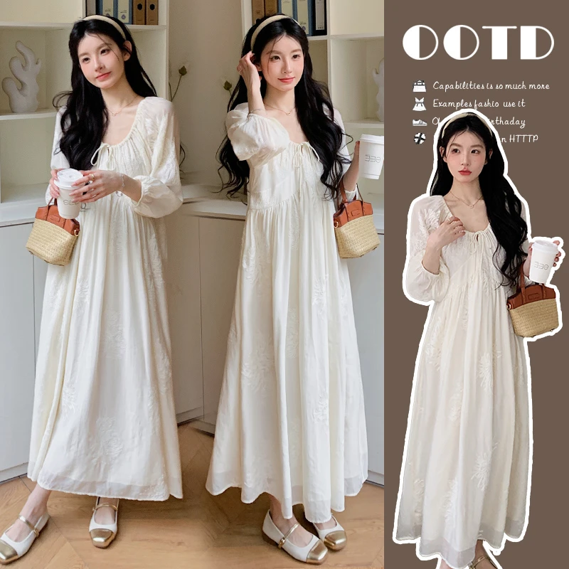 2025春夏孕妇韩系法式仙女气质显瘦温柔宽松刺绣大码中长款连衣裙