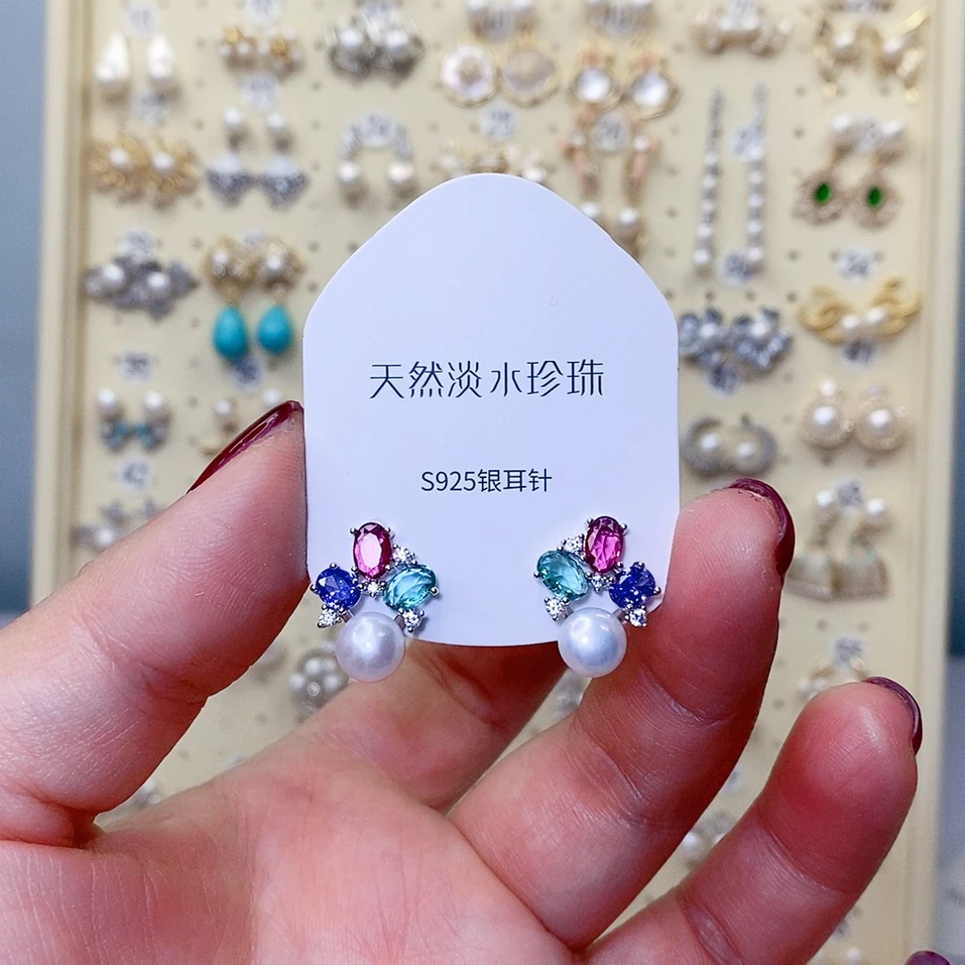 银S925镶嵌淡水珍珠耳饰