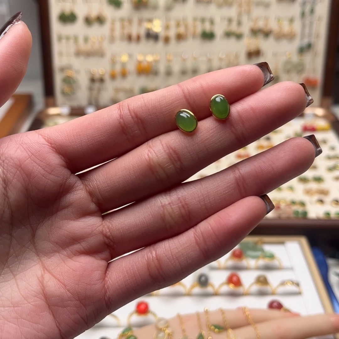 和田玉银S925镀金镶嵌耳坠