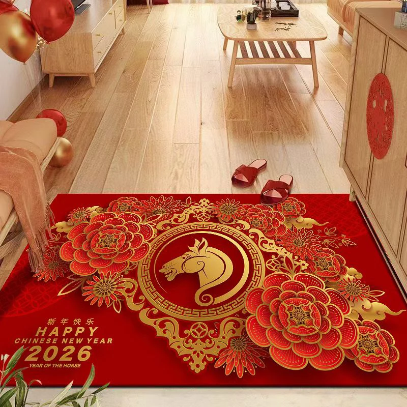 红色牡丹新马年硅藻泥入户门垫卫生间吸水防滑卧室门口家用地毯