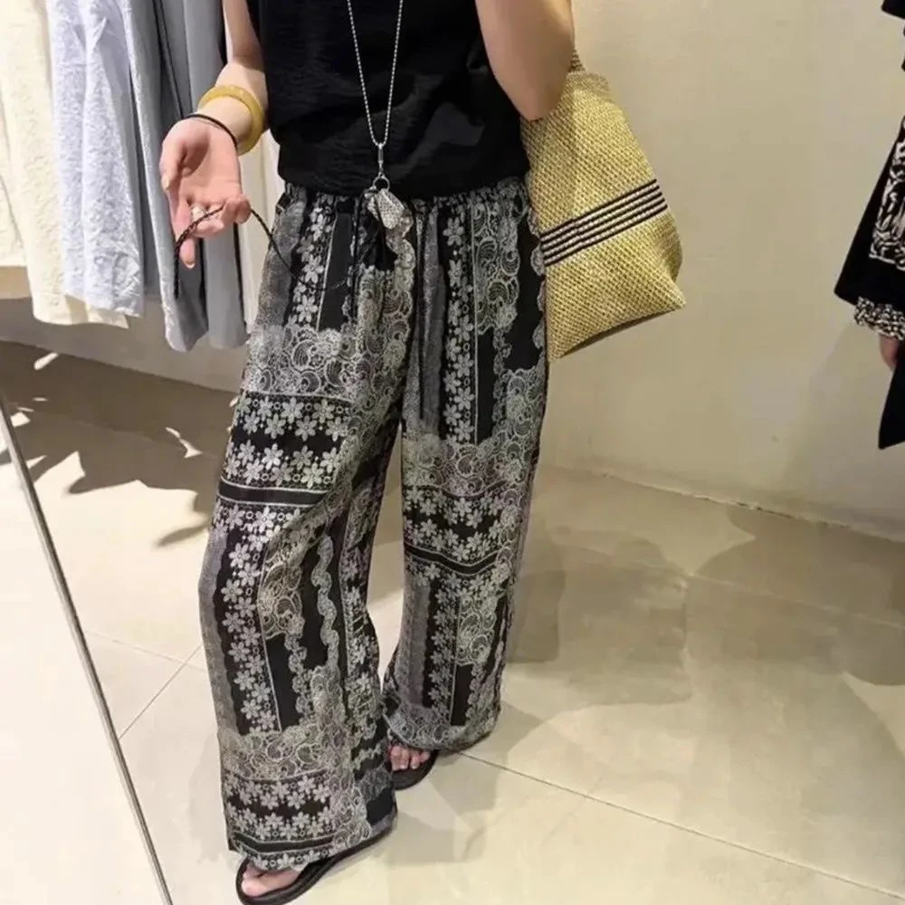 【印花组合】复古休闲裤女夏季松紧腰显瘦气质时髦洋气百搭阔腿裤