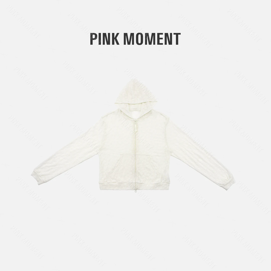 PM王囡囡 米白色拉链连帽暗纹外套 ND1C1241