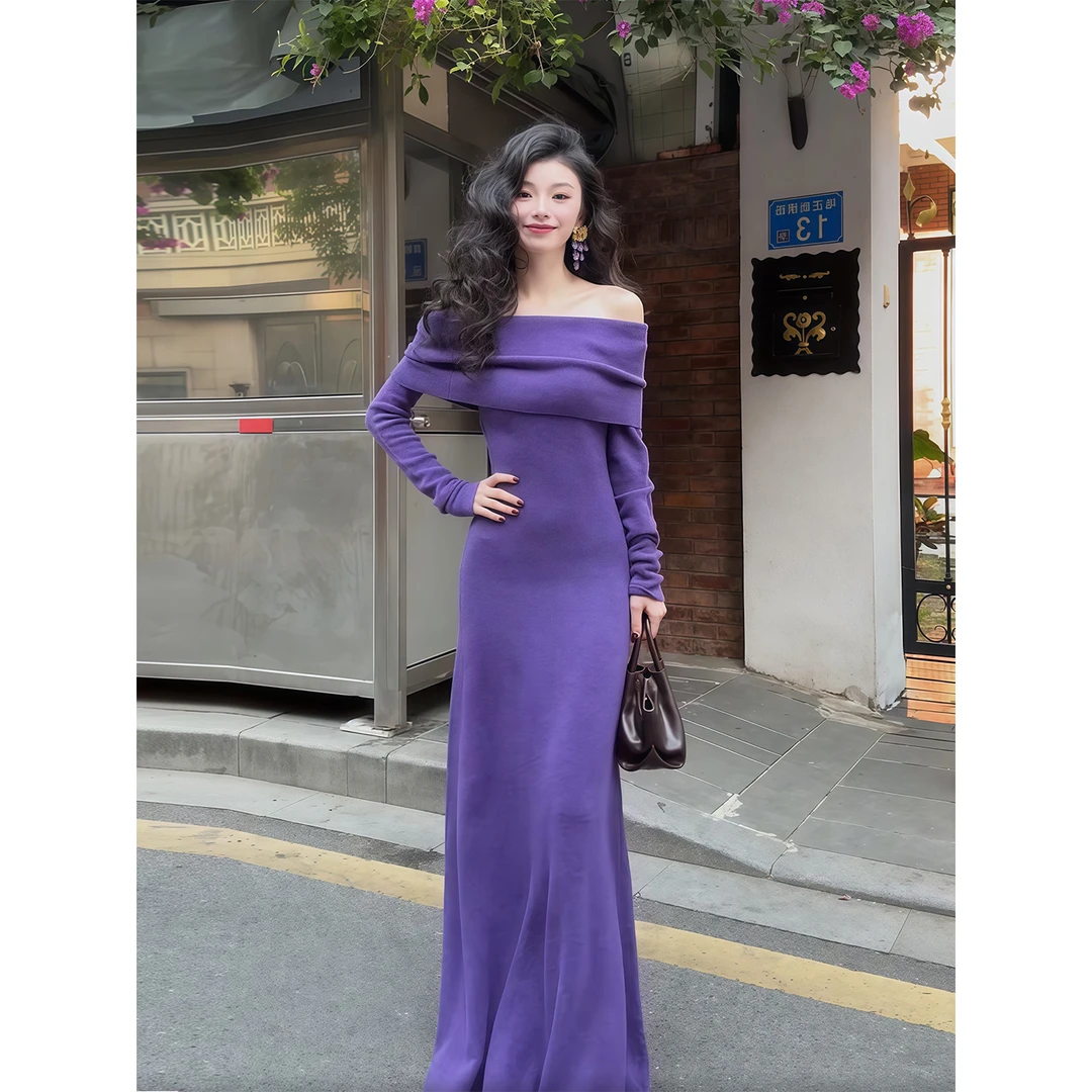 法式温柔风长袖一字肩针织连衣裙女秋冬新款修身显瘦收腰气质长裙