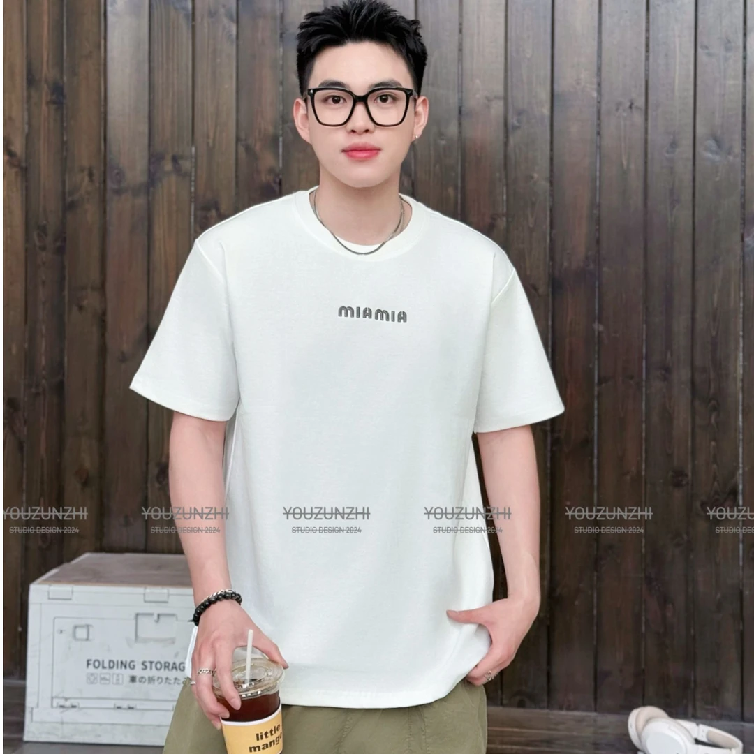 圆领高端ins美式字母宽松打底短袖t恤男落肩休闲刺绣男生百搭6701
