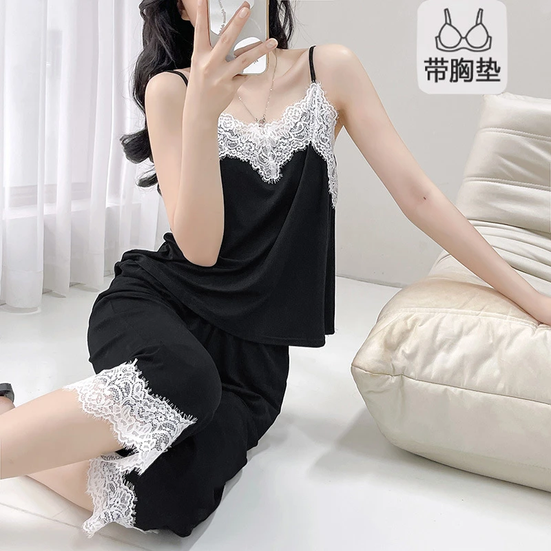 夏季黑色蕾丝性感露背柔软莫代尔棉棉家居服睡衣吊带九分裤套装