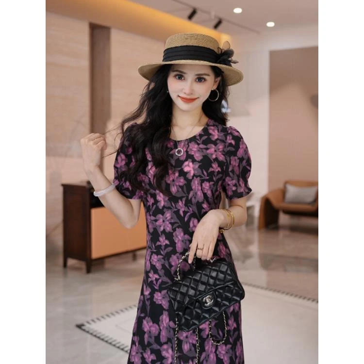 【山茶苏梅圆领】45度斜裁气质夏季时尚修身显瘦短袖连衣裙-Z2527