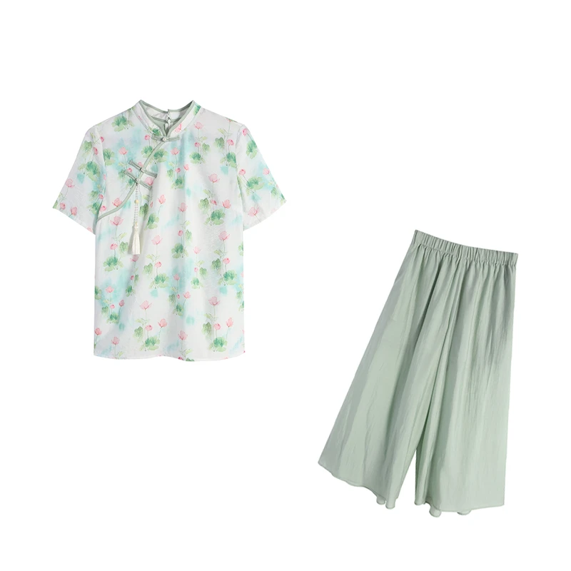 五季家/【爱莲说】夏季新中式提花清爽显白气质绿色两件套ZL108455