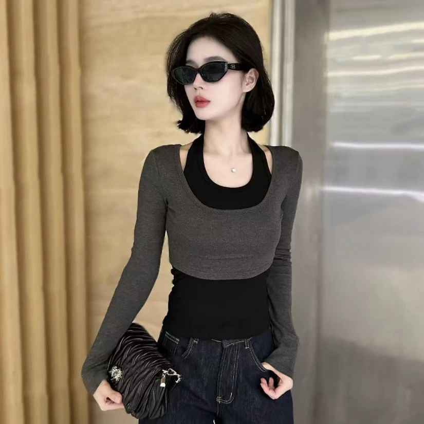 早秋新款套装挂脖背心+长袖t袖显瘦百搭上衣女时尚洋气修身气质