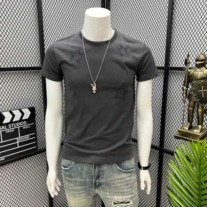 正品美式潮流时尚五角星短袖T恤夏季纯色修身印花圆领半袖衫上衣