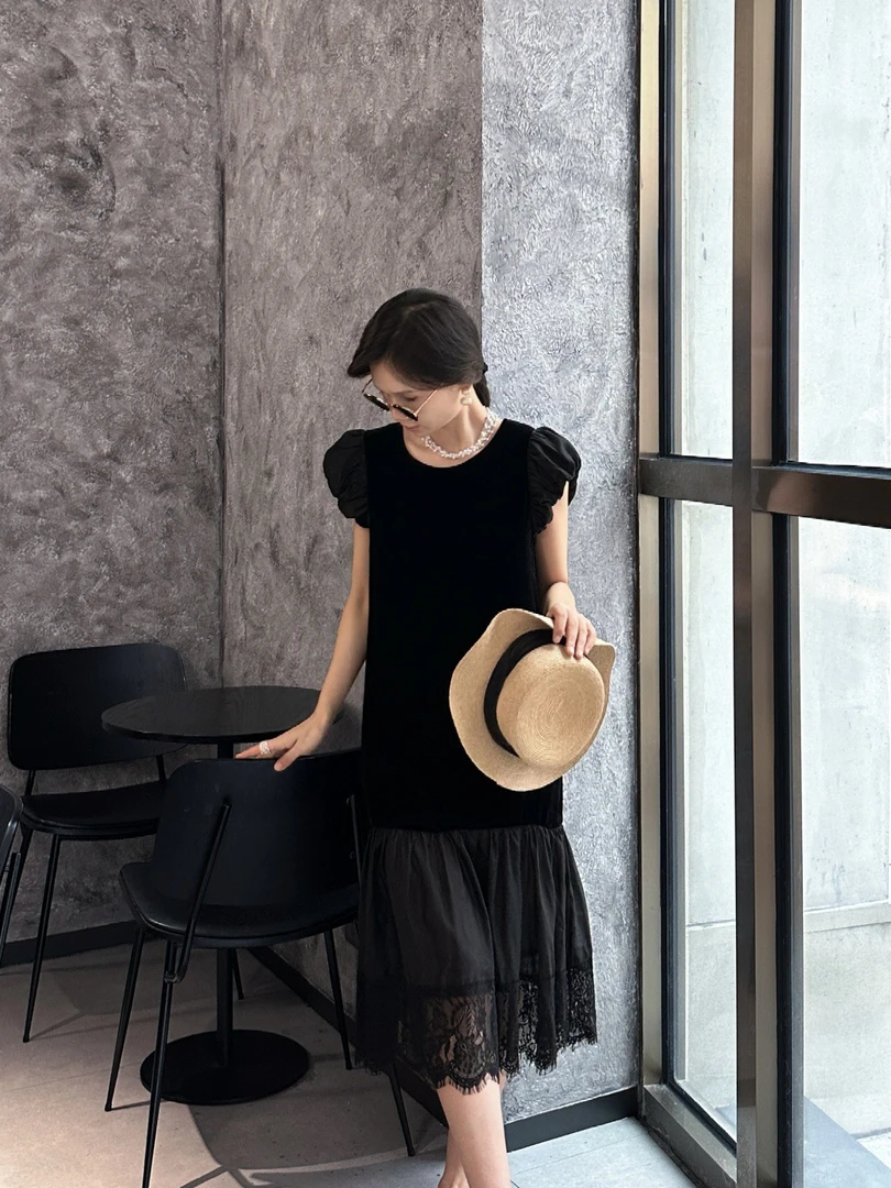 蕾丝波浪摆100%桑蚕丝真丝丝绒气连衣裙