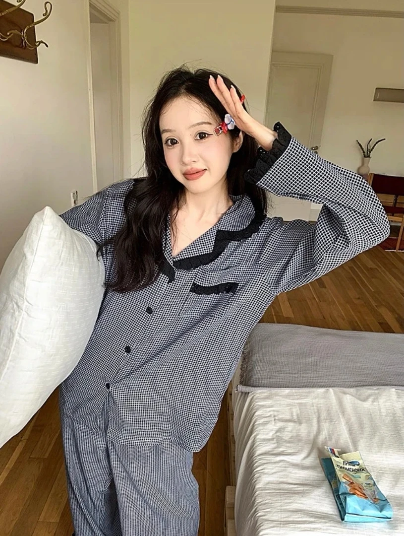 少女甜美格子蕾丝花边睡衣女春秋新款韩版ins风长袖长裤家具服