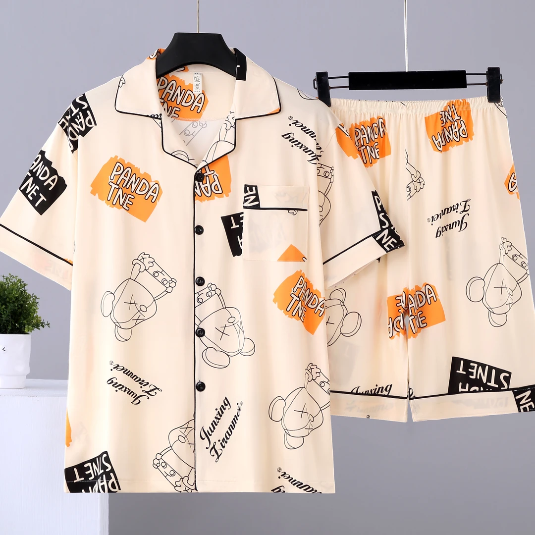 骏星自然美夏天男士短袖睡衣居家服宽松大码薄款青少年家居服套装