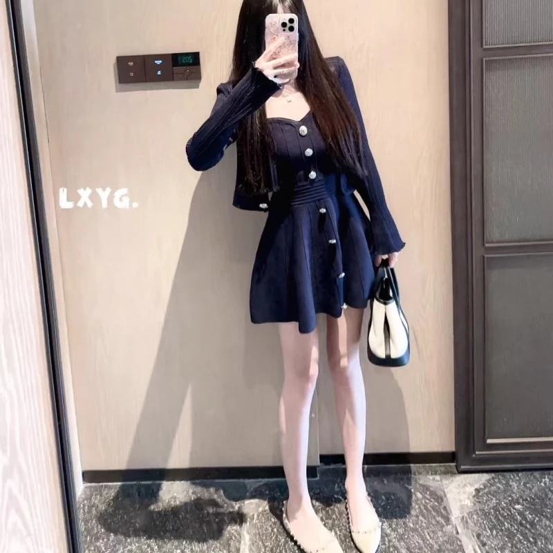 小个子小香风抹胸连衣裙长袖针织开衫女修身伞裙显瘦套装女潮