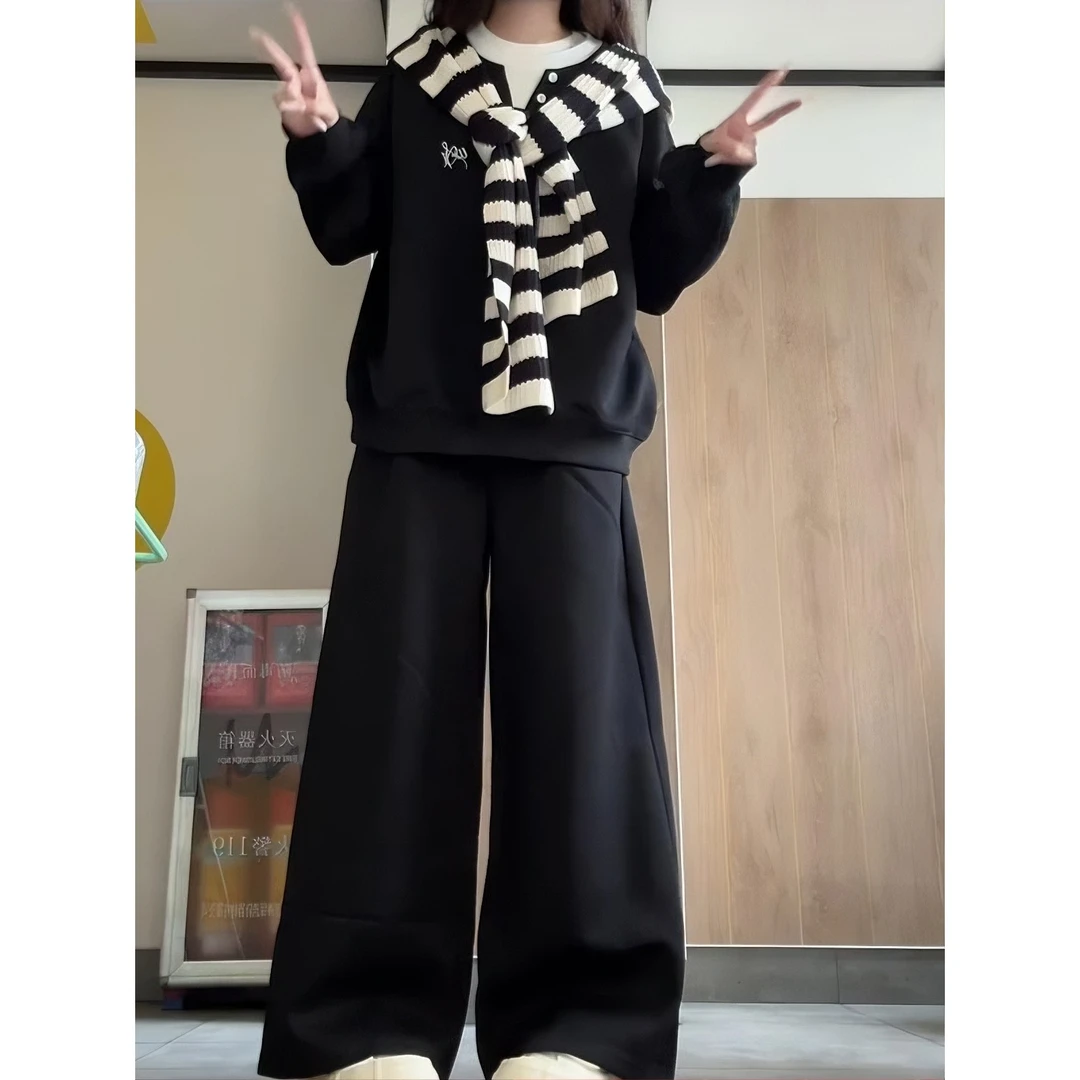 假两件上衣卫衣慵懒风睡衣女家居服套装秋季新款宽松显瘦黑色长裤