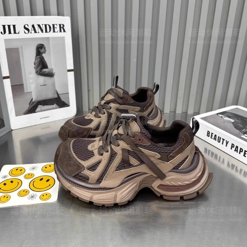 欧洲站厚底网面老爹鞋女2025秋冬新款系带松糕增高休闲加棉运动鞋