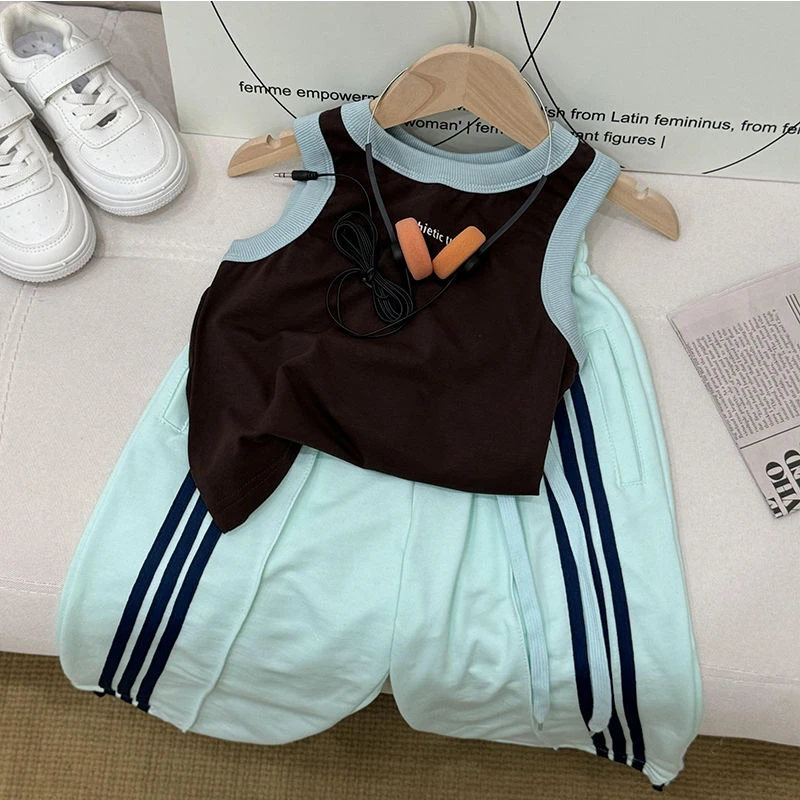 痞帅男童夏装2025新款套装宝宝洋气百搭绿色休闲裤宝宝背心套装