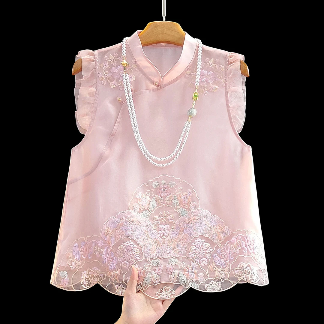 【锦绣】深圳南油夏款桑蚕丝上衣薄款刺绣无袖短款复古风双层