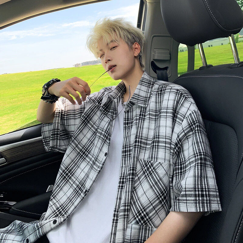 日系复古格子工装短袖衬衫男士夏季薄款潮牌五分半袖情侣衬衣外套