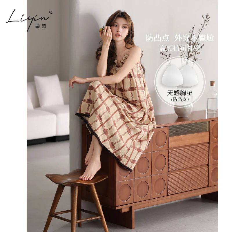 栗茵睡衣女新款夏季泡泡绵性感吊带裙薄款睡裙可外穿家居服连衣裙