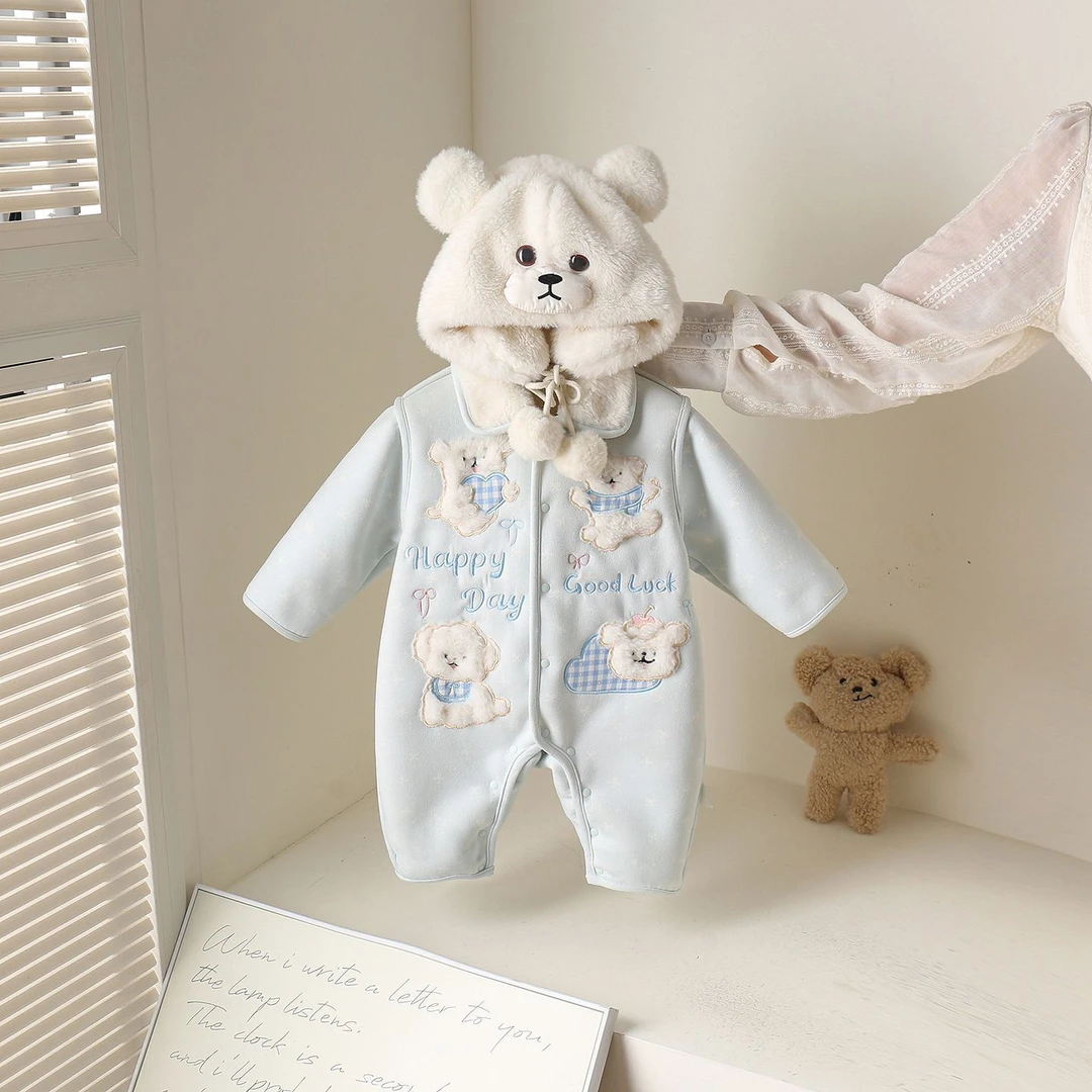 婴儿衣服冬装男女宝宝连体衣加绒加厚一体绒保暖外出防风外套抱衣