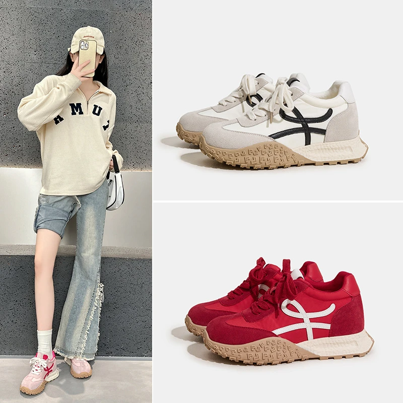 真皮~7CM内增高德训鞋女鞋厚底春夏款小个子复古休闲运动鞋老爹鞋