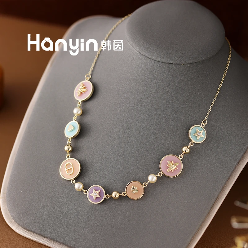 铜合金仿水晶项链 51cm气质微镶五角星蜜蜂四叶草CD圆牌项链AAA