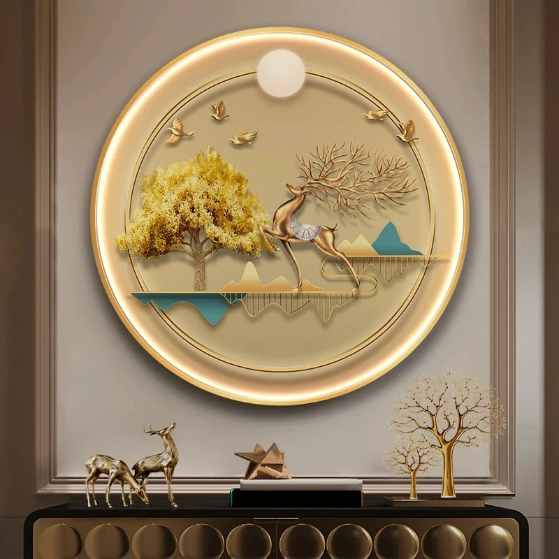 轻奢圆形玄关装饰画带灯现代简约走廊过道LED灯画酒店大气晶瓷画